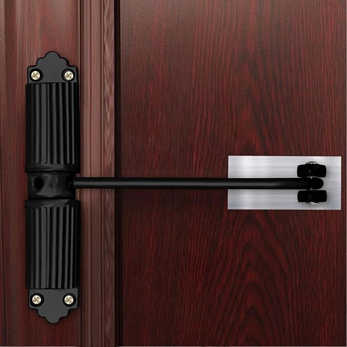 Automatic Door Closer - Heavy Duty Automatic Safety Spring Door Closer, Adjustable Tension Spring Action, for Wooden Doors up to 140 lbs with, Installation Hardware (Black)