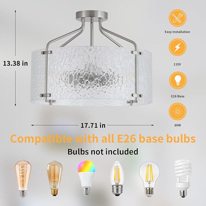 Semi Flush Mount Ceiling Light Fixture,Glass Drum Kitchen Lighting Fixtures Ceiling,18''Brushed Nickel Modern Light Fixture Chandelier,5-Light Foyer Lighting Fixtures for Bedroom Hallway Foyer Porch