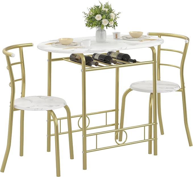 VECELO 3-Piece Dining Table Set for Kitchen Breakfast Nook, Wood Grain Oval Tabletop and Metal Frame with Built-in Wine Rack, for Small Spaces, White & Gold