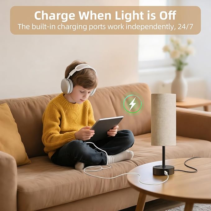Table Lamp for Nightstand, High-Sensitivity Touch, 3-Level Dimmable Bedside Lamp with AC Outlet | USB | and USB-C, Ideal Night Stand Lamp for Bedroom, Reading, Living Room (Beige&Black)
