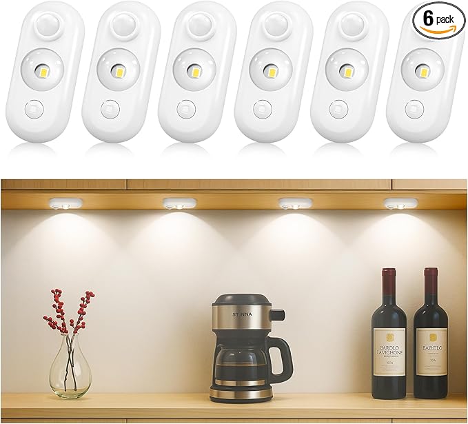 LED Motion Sensor Puck Lights, Small Rechargeable Under Cabinet Light, Dimmable Daylight White Closet Lights, Wireless Under Cabinet Lighting for Drawer, Kitchen (6 Pack, White)