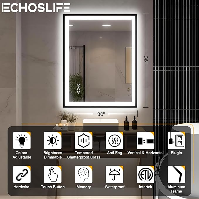 30x36 LED Bathroom Mirror with Lights - Black Framed, Front and Backlit Mirror, Anti-Fog Vanity Mirror with Lights,Stepless Dimmable LED Mirror, 3 Colors Smart(Horizontal/Vertical)
