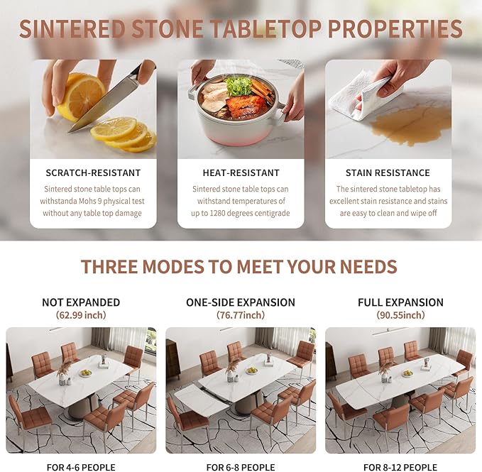 Modern Dining Table, Seats 8-10, Extendable Sintered Stone Dining Table, White Top, Saddle Leather Pedestal Table, 90 in.（1Table
