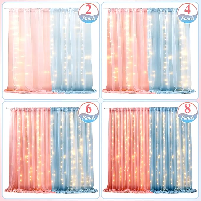 Ledido 2 Pack 10×8ft Pink Blue Tulle Backdrop Curtains with Light String - 600LED Fairy Light Sheer Curtain Backdrop for Gender Reveal Baby Shower Photo Shoot Birthday Party Decoration(4 Panels 5×8ft)