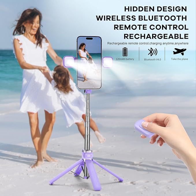 MQOUNY Mini iPhone Tripod Stand & Selfie Stick with Wireless Remote & Removable Light, Extendable Stand 360 Rotation Compatible with iPhone & Android Samsung (Purple)