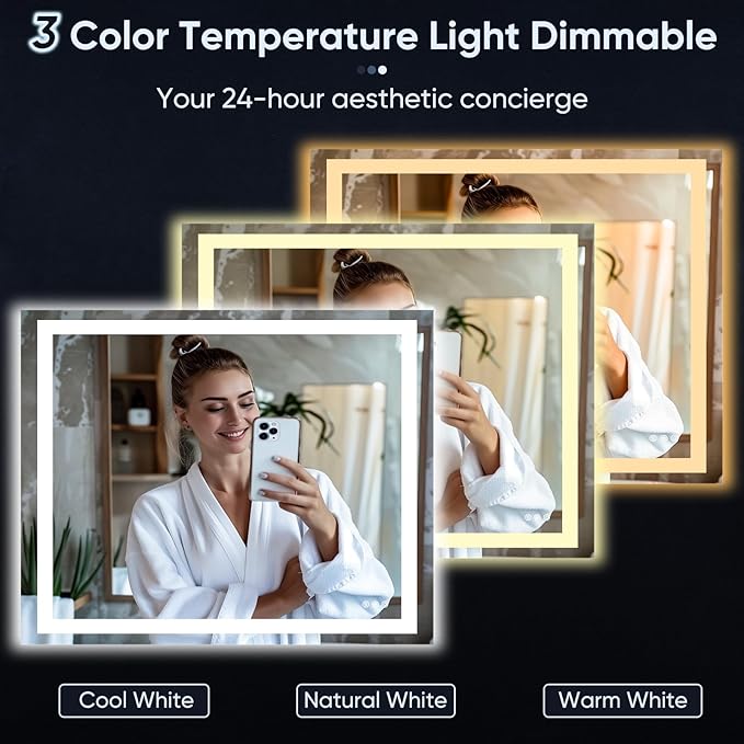 LED Bathroom Mirror, 48"x32" with Frontlit and Backlit Anti-Fog Mirror with Lights LED Vanity Mirror for Bathroom 3 Colors Temperature & Dimmable Bathroom Mirror with HD Tempered Glass