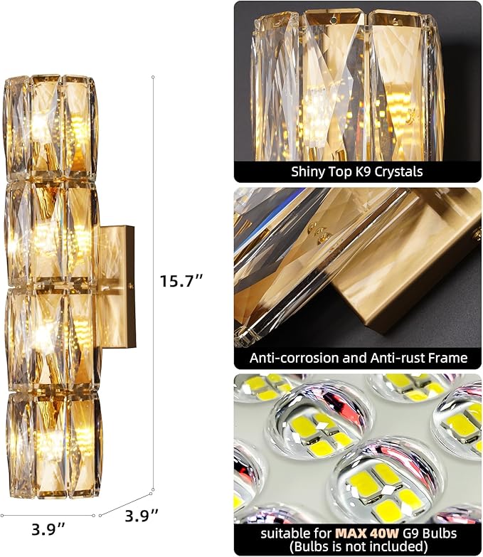 Crystal Wall Sconces Lighting, Modern Gold Wall Light Fixture, Elegant Vanity Wall Lighting Mount for Living Room Bedroom Bathroom Crystal Vanity Light Fixture for Indoor Hallway Doorway Stairway