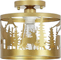 Rustic Semi-Flush Mount Ceiling Light, 9.1" Farmhouse Cabin Fixture with Deer, Bear Design, Gold Metal Ceiling Lamp for Bedroom, Living Room, Hallway, Entryway, E26 Base