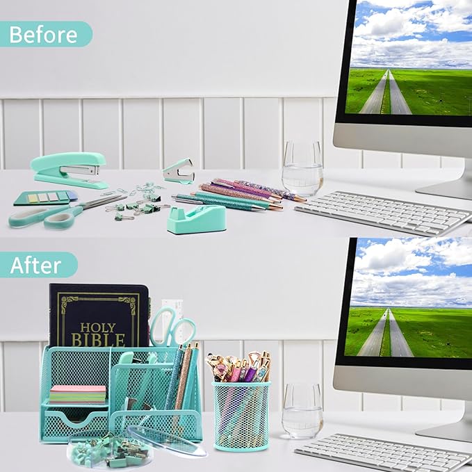 12 in 1 Green Desk Organizers & Accessories Set, Office Supplies Include Stapler, Pen Holder, Tape Holder, Scissors, Ruler, Staple Remover for Home & School