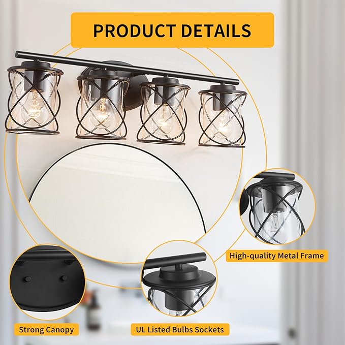 mavcadonf Bathroom Vanity Light Fixtures Over Mirror, 4 Lights Modern Bathroom Wall Lamp for Mirror Kitchen Living Room Hallway Cabinet Porch, Farmhouse Wall Lights with Cage Shade, Matte Black