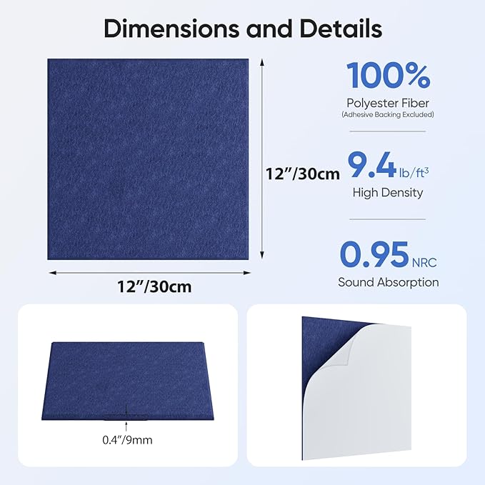 12 Pack 12" X 12" X 0.4" Acoustic Panels for Wall Sound Absorbing,Square Self-Adhesive Sound Panels, High Density Suitable for Multiple Scenarios(Sapphire Blue)