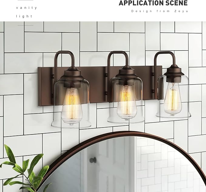 zeyu 20.5 Inch Farmhouse Bathroom Vanity Light Fixtures, 3-Light Bath Light Fixtures for Bathroom Above Mirror, Oil Rubbed Bronze Finish with Clear Glass Shade, ZSL72B-3W ORB