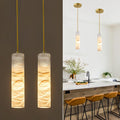 Natural Alabaster Pendant Light Fixture, Modern Marble Kitchen Island Lamp, 9.8" x 2.4" Long Tube Alabaster Chandelier, Small Pendant Light for Bedroom, Dining Room, Living Room (E12 Bulb - 2 Pack)