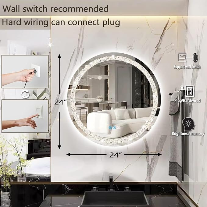 THEKLA 24 Inch Bathroom Crystal LED Round Mirror with Lights Memory 3 Color Dimmable Crystal AntiFog Round Lighted Vanity Mirror for Bathroom Wall 24" Diamond Circle Light up Vanity Mirror with Lights