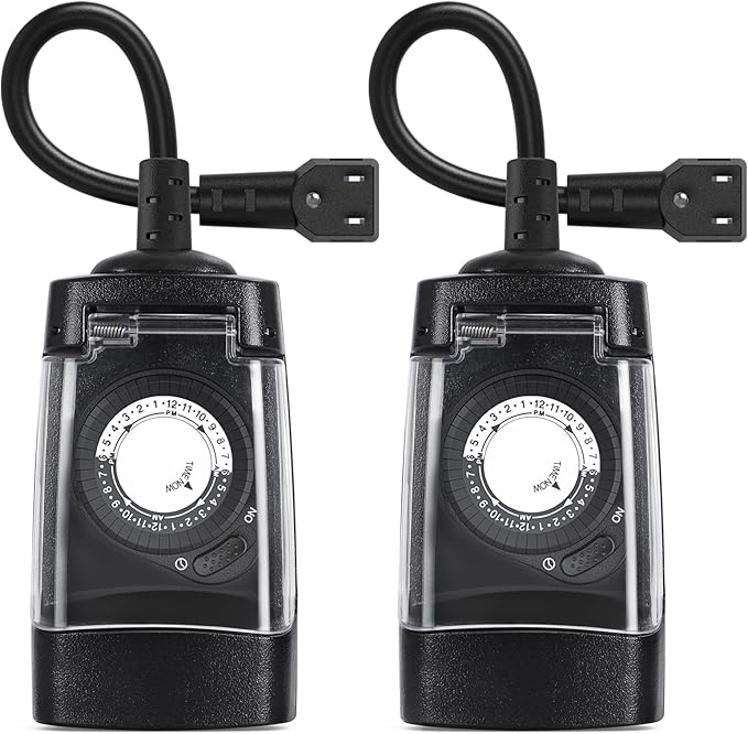 G-ELEK Outdoor Timer Outlet Waterproof, 24 Hour Outdoor Light Timer, Timers for Electrical Outlets, Ideal for Pool Pump, Christmas Lights, Heavy Duty, 1 Grounded, CSA Listed, 2 Pack