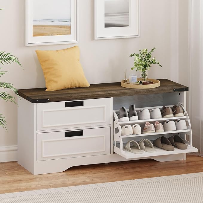 FATORRI Shoe Storage Bench with Flip Drawer, Wooden Entryway Bench, Modern Shoe Cabinet with Removable Drawers for Hallway, Living Room (Walnut Brown & White Oak)