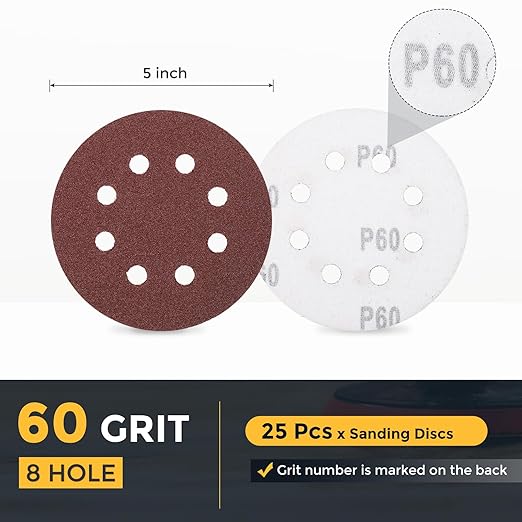 HARFINGTON 25 Pcs 5 Inch Sanding Discs, 60 Grit Hook and Loop Sandpaper, 8-Hole Aluminum Oxide Round Sanding Paper for Woodworking Automotive Metal Polishing, Red