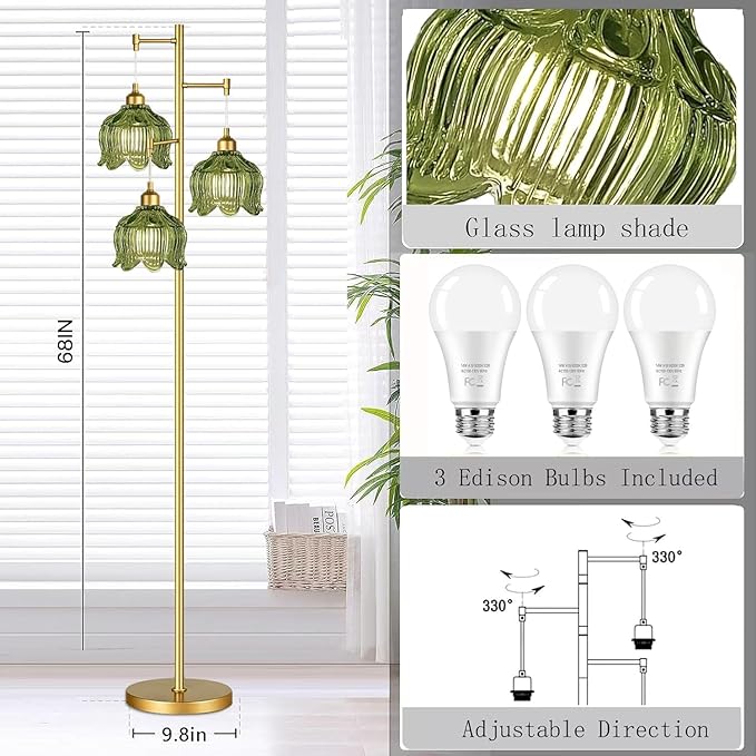 Vintage Floor Lamps for Living Room Bedroom-3 Light Gold Floor Lamp with Glass Lampshape, Flower Green Tall Lamp Mid Century Modern Standing Lamp Tree Floor Lamp for Bedroom Living Room Corner