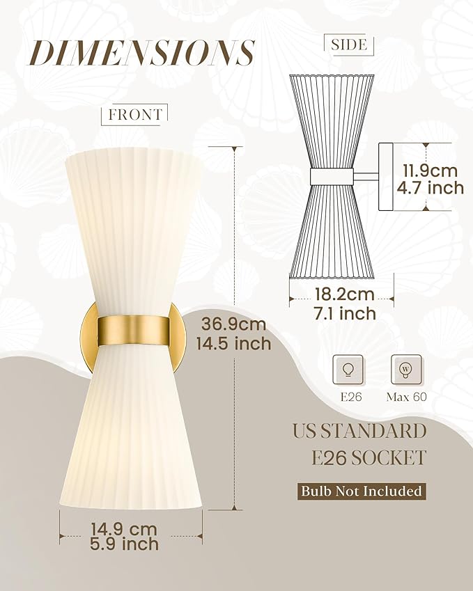 Gold Sconce Wall Lighting, HWH Single Wall Vanity Light Fixture Brushed Gold Wall Sconce Lamp, Modern Indoor Up Down Wall Light with Frosted Milk White Striped Glass Shade, 5HZG97B-2W BG