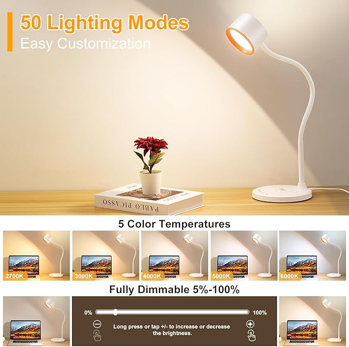 LED Desk Lamps for Home Office, Desk Lamp with USB C + A Dual Charging Ports, Wireless Charger, 5 Colors Dimming Reading Lamp Timer/Memory Touch Bedside Table Lamp for Bedroom College Dorm Room White