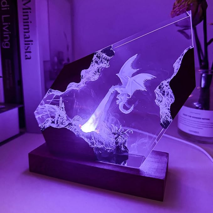 Epoxy Ice Dragon Resin Lamp, Handmade Resin Night Light with USB Port, Multi-Color LED Light, Ideal Home Bedroom Decor, Unique Birthday Holiday Gifts for Father Men Husband Boyfriend Him Kids (10"x6")