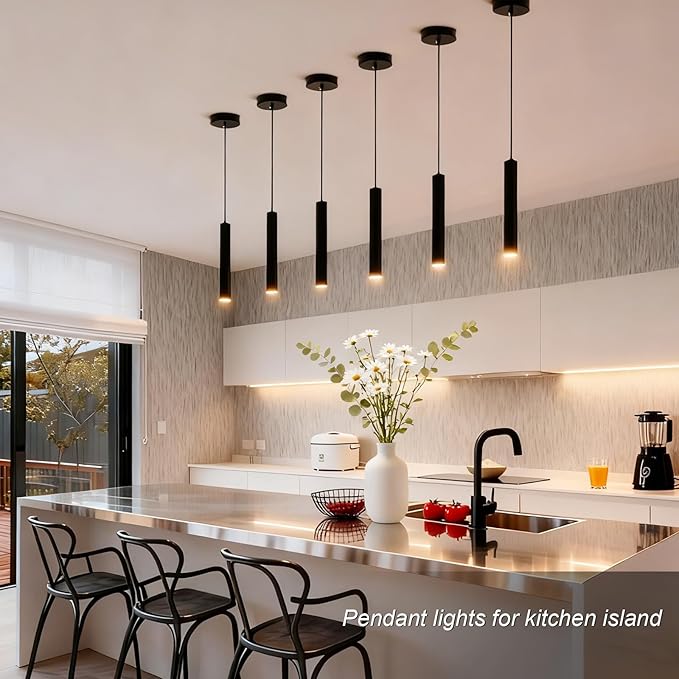 2 Pack Black Pendant Lights, Modern 3W LED Pendant Light Fixtures for Kitchen Island, Long Tube Hanging Light Cord Adjustable for Dining Table Bedroom Bar Hallway (11.8 Inch, 3000K)