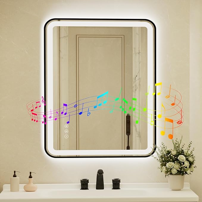 32x40 Inch Black Framed LED Bathroom Mirror with Lights, Built-in Bluetooth Speaker,Tempered Glass,Dimmable Lighted Bathroom Vanity Mirror with 3 Colors, Backlit + Frontlit, Memory, Anti-Fog