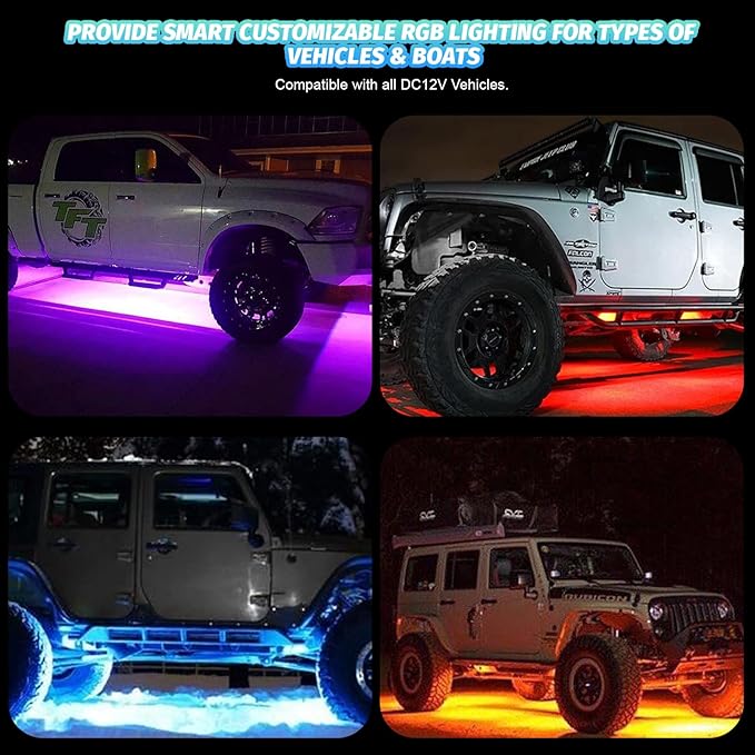 8 Pods RGB LED Rock Lights for Jeeps Trucks Golf Cart ATV UTV RZR SUV Offroad Pickup Car, Waterproof Multicolor Underglow Kit with APP Music Mode Underbody Neon Light Vehicle Underneath Accent 12V