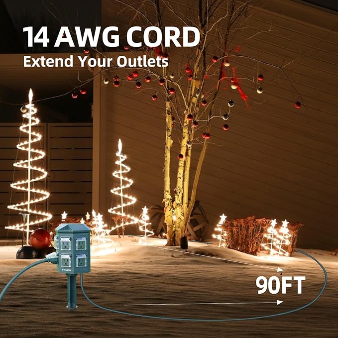 Outdoor Power Stake Timer, Remote Control Dusk to Dawn Light Timer, 90FT Extension Cord Waterproof, 6 Grounded Outlets for Graden and Yard Decorations, ETL Listed