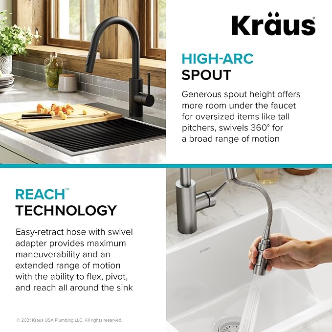 KRAUS Oletto Single Handle Pull Down Kitchen Faucet with QuickDock Top Mount Installation Assembly in Matte Black, KPF-2620MB