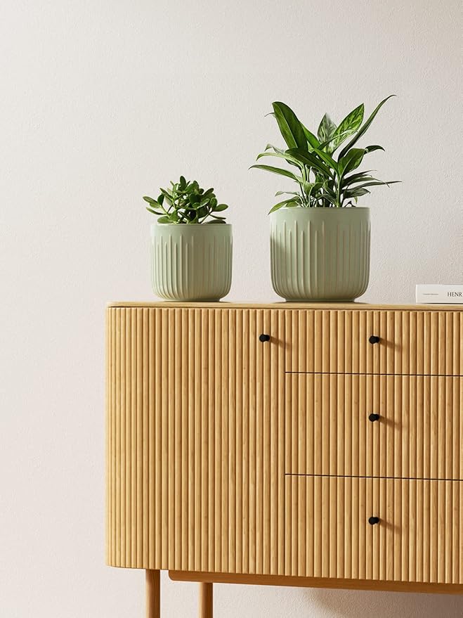 LE TAUCI Fluted Ceramic Planters Set of 3 – 8.3/7 / 5.7 in Sage Green Reactive Cylinder Indoor Plant Pots with Drainage Plug & Mesh, Glossy Stoneware Flower Pots for Succulents Herbs