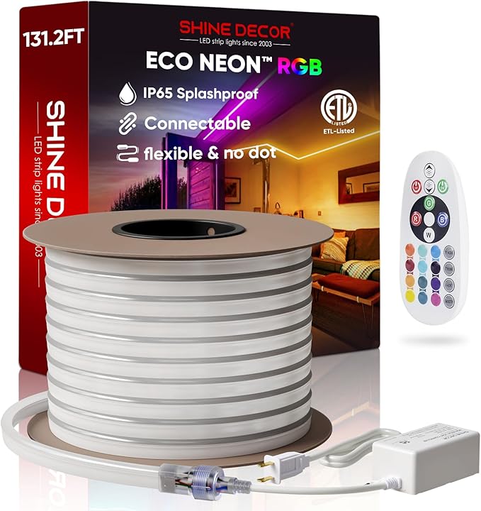 Shine Decor LED RGB Neon Rope Lights AC 120V, Expandable & Cuttable Bright Strip Lighting with Remote, Dimmable Color Changing, ETL Cold-Resistant & IP65 Waterproof for in&Outdoor, 10x20mm, 131.2FT