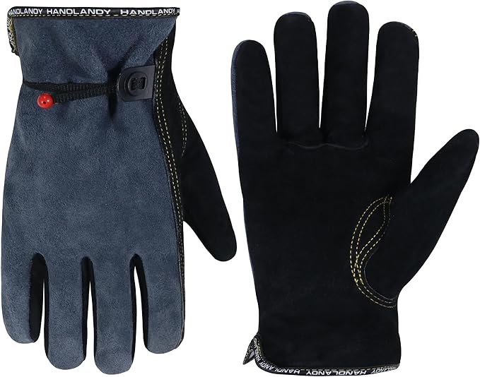 HLDD HANDLANDY Leather Work Gloves for Men & Women, Adjustable Wrist Cowhide Gardening Glove with Reinforced Palm for Driver