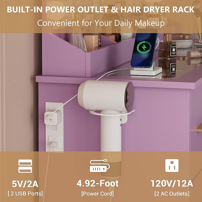 44" Vanity Desk with 38" Large Mirror and 9 LED Lights & Glass Top and Power Outlet, Makeup Vanity Set with 7 Drawers & Chair and RGB Ambient Light, Dressing Table for Bedroom, Modern Purple