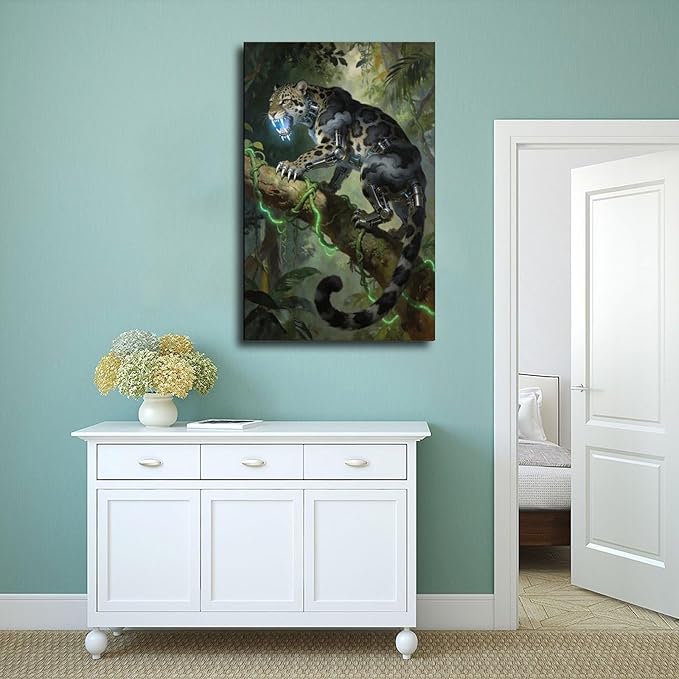 Framed Steampunk Mechanical Leopard Wall Art - Jungle Futuristic Beast Poster for Man Cave Living Room Decor 08x12inch(20x30cm)