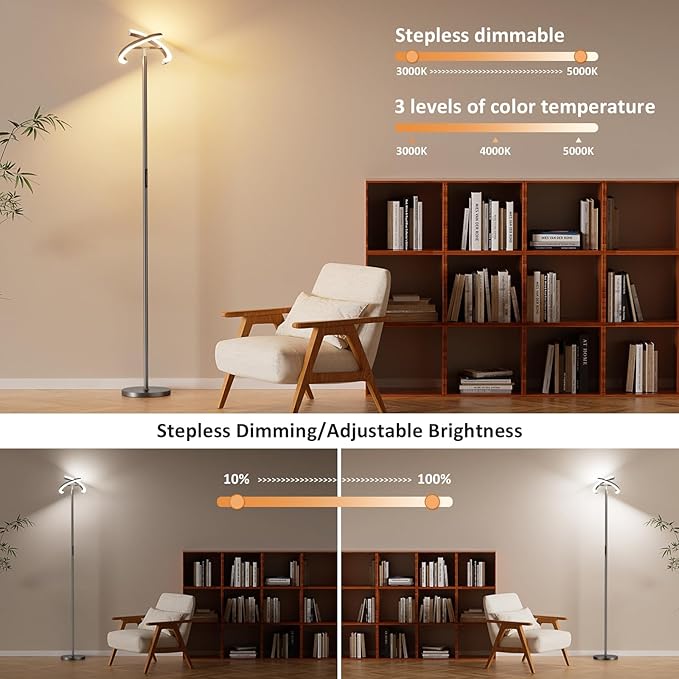 Floor Lamps for Living Room, 40W/2400LM LED Floor Lamp with Touch & Remote Control, 70" Tall Standing Lamp Stepless Dimmable, Modern Torchiere Corner Lamp for Bedroom, Office - Grey