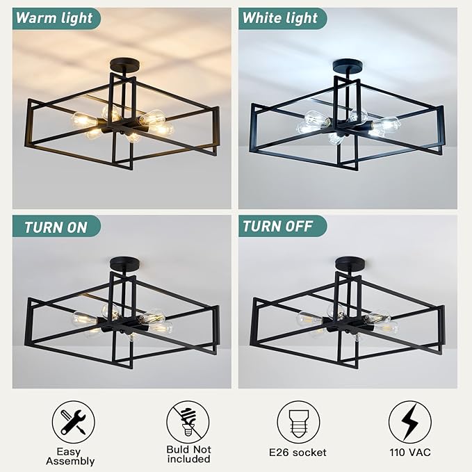 ZGLAOJT 6-Lights Close to Ceiling Light 22.83 Inch Black Light Fixture Industrial Flush Mount Ceiling Large Farmhouse Chandelier Lighting for Kitchen Island Dining Room Bedroom Foyer Hallway