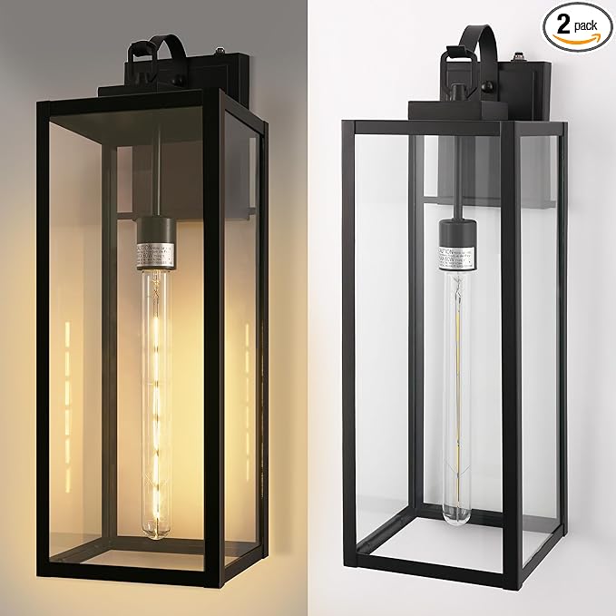 DORESshop 22 Inch Large Size Dusk to Dawn Outdoor Wall Lights, Matte Black Waterproof Anti-Rust Outdoor Light Fixtures Wall Mount with Clear Glass Shade for Porch, with T30 Light Bulbs, 2 Pack