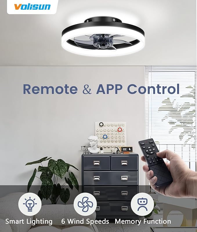 VOLISUN 13 inch Small Ceiling Fans with Lights and Remote, Low Profile Ceiling Fans with Light, 3000K-6500K Dimmable LED Ceiling Light Flush Mount, Bladeless Fandelier Ceiling Fan (Black)