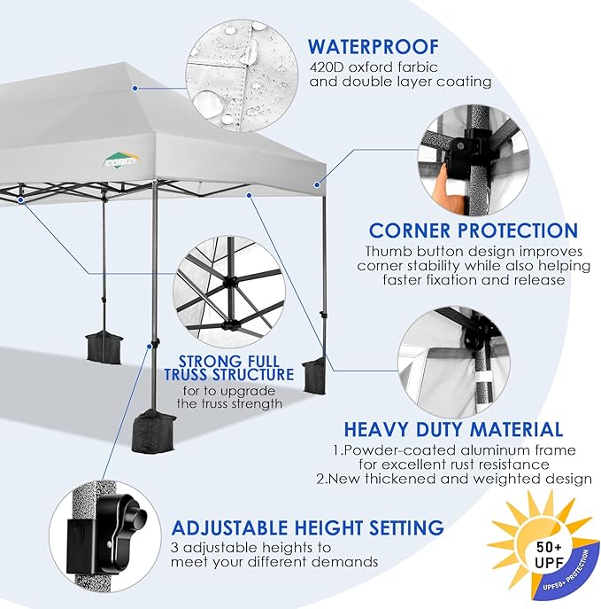 COBIZI 10x20 Heavy Duty Pop up Canopy Tent with 6 sidewalls Easy Up Commercial Outdoor Wedding Party Tents for Parties All Season Wind & Waterproof Gazebo Roller Bag,White(Frame Thickened)
