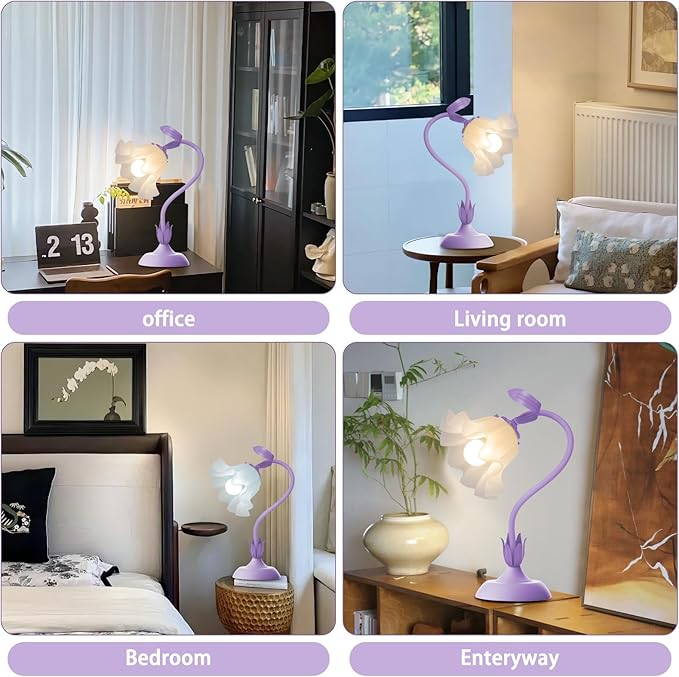 Women Bedside Table Lamps for Bedroom, Cute Flower Desk Lamp with Adjustable Flexible Gooseneck, 3 Color Temperatures Nightstand Lamp with E26 LED Bulbs, Floral Lamp for Living Room, Office,Reading