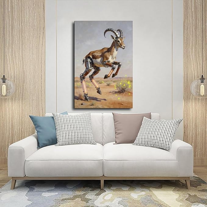 Framed Steampunk Mechanical Antelope Wall Art - Desert Futuristic Poster for Loft Living Room Decor 08x12inch(20x30cm)