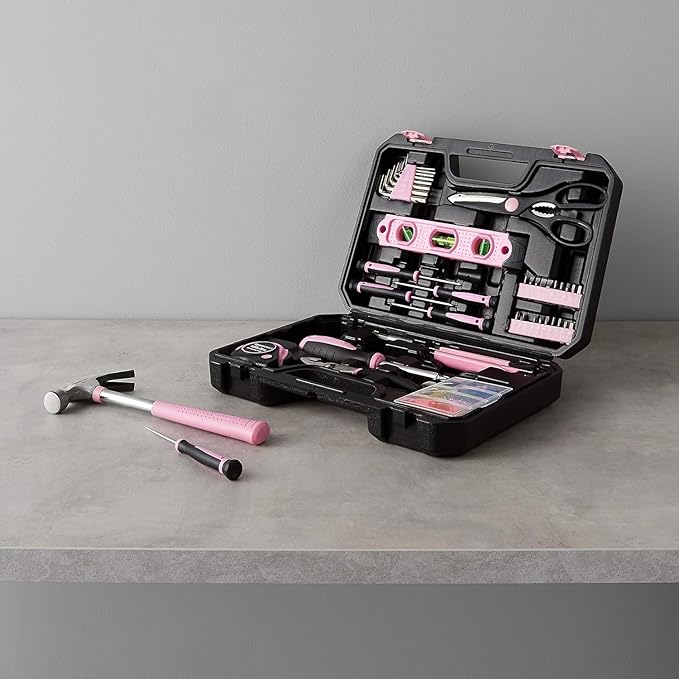 Amazon Basics Household Tool Kit With Storage Case, 142 Piece, Pink, 13.39 x 9.25 x 2.95 inch