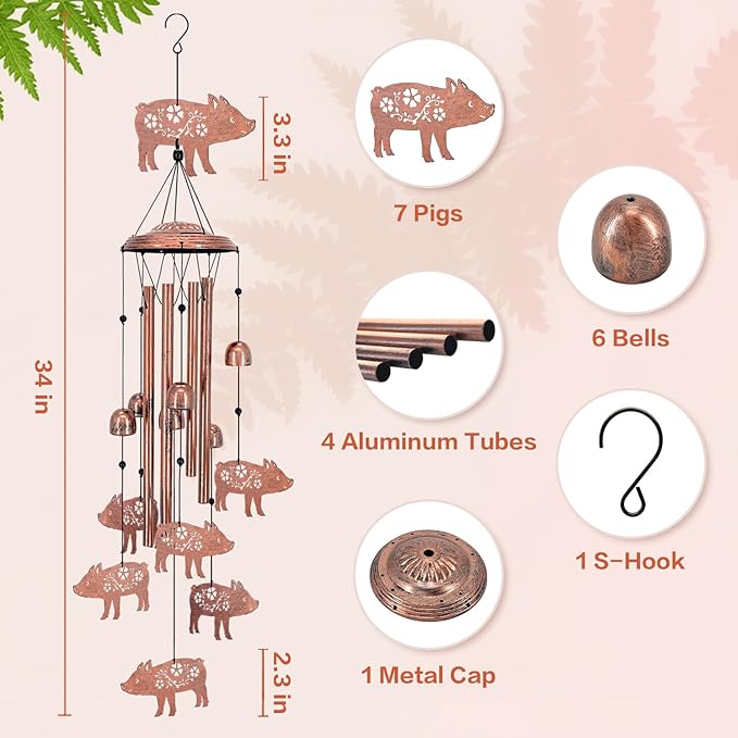 Pig Wind Chimes Outdoor Pig Gifts for Women/Men/Mom/Wife/Grandma Birthday Gifts Memorial Gift Metal WindChimes for Outside/Indoors, Lawn, Patio, Home, Porch, Yard Decor, Garden Decorations