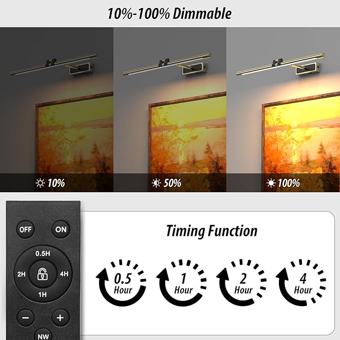 Brass Picture Light for Wall - 24inch Dimmable & Rechargeable Art Light with Extendable Arm, 25H Light Time, Angle Adjustable, 3 Color Temperatures Timer - Perfect for Paintings and Home Decor