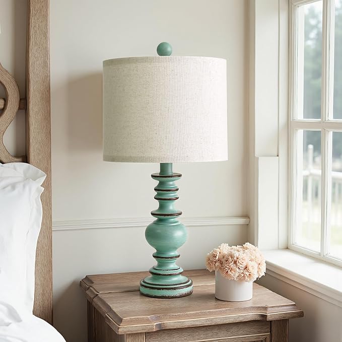 BOBOMOMO 20" Distressed Teal Bedside Lamps Set of 2, Hand-Painted Vintage Resin Lamps with Linen Shades, Cottage Farmhouse Lamp for Living Room, Bedroom, and Hallway, Space-Saving Accent Lamps
