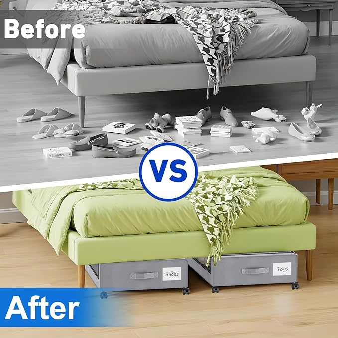 Beborxue Under Bed Storage with Wheels, 4-Pack Underbed Storage Containers with Clear Lids, XXL 60L Under the Bed Storage Organizer Bins, Rolling Under Bed Metal Drawer for Clothes,Shoes,Toys (Gray)