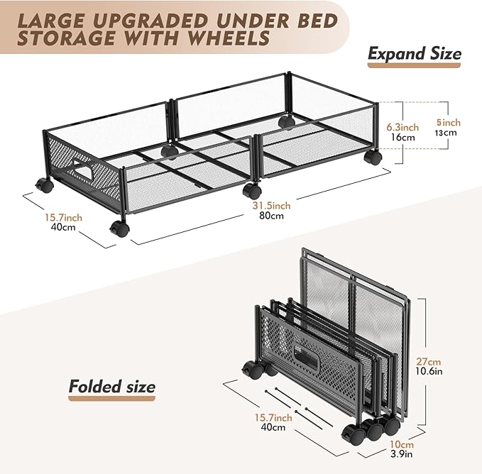 Under Bed Storage with Wheels, 31.5in / 35L Large Rolling Underbed Storage, Underbed Drawer on Wheels, Tool-free Assembly Metal Under Bed Drawers Organizer Container for Bedroom Shoes Clothes Toys