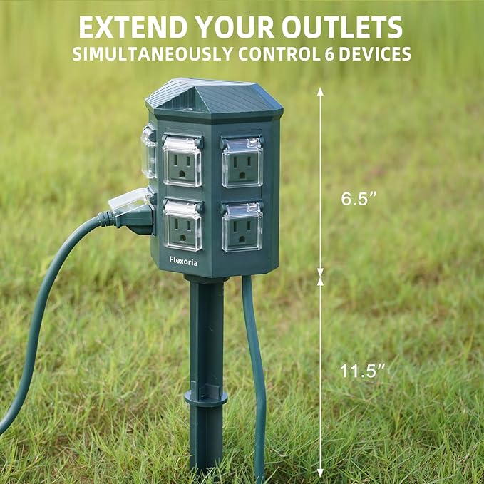 Flexora Outdoor Power Strip with 24-Hour Mechanical Timer, 100 FT Extension Cord Waterproof, 6 Grounded Outlets for Graden and Yard Decorations, ETL Listed