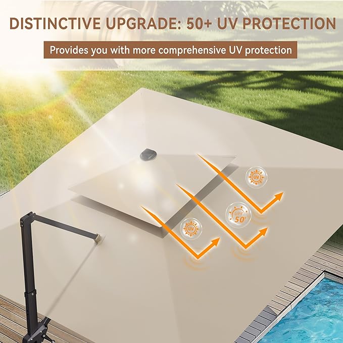 10' X 10' Cantilever Patio Umbrella Outdoor with Base Included Heavy Duty Double Top Windproof Square Offset Umbrellas with 360-degree Rotation for Pool Deck Backyard, Beige